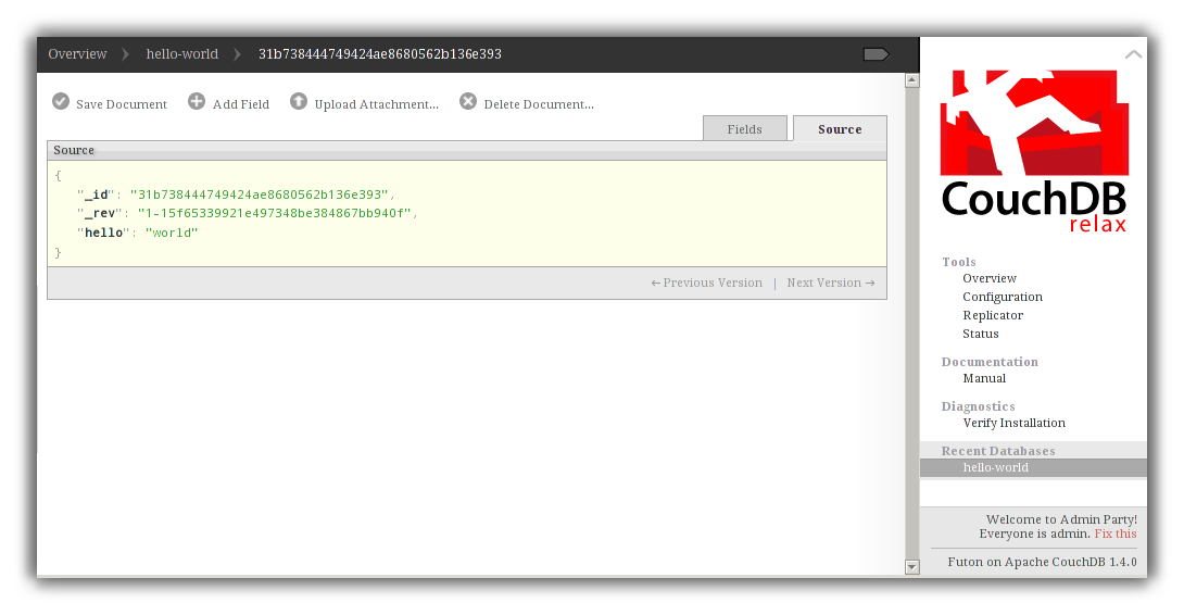 The JSON source of a "hello world" document in Futon